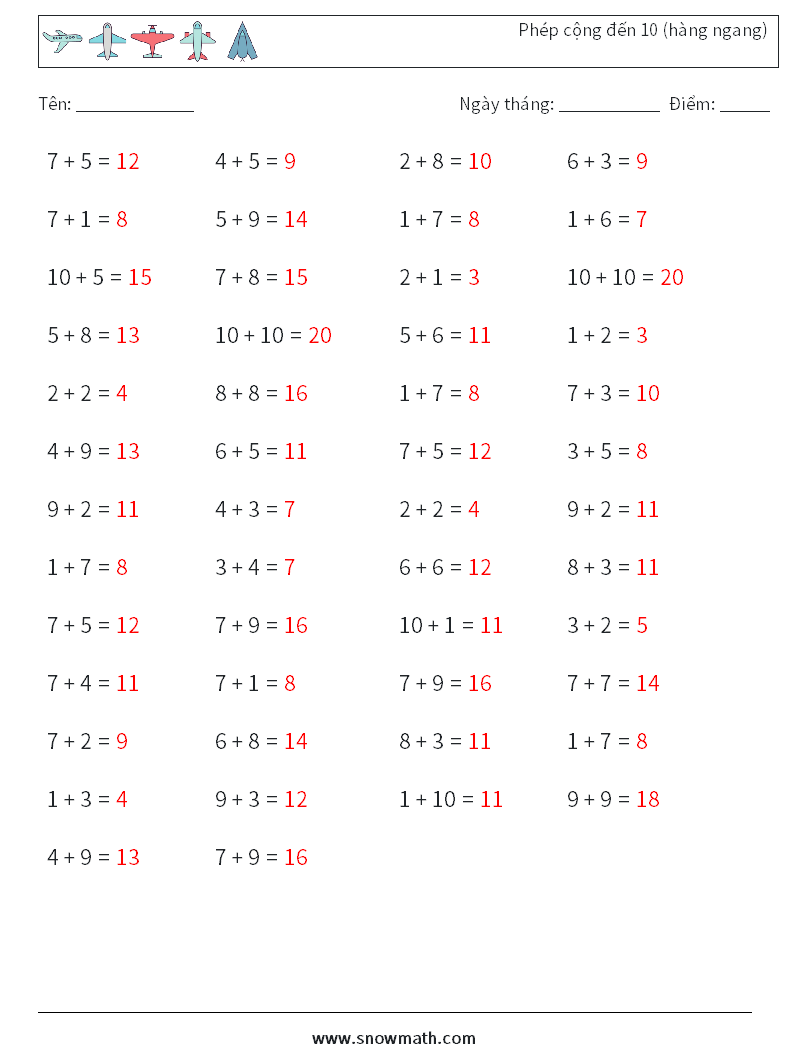 (50) Phép cộng đến 10 (hàng ngang) Bảng tính toán học 1 Câu hỏi, câu trả lời