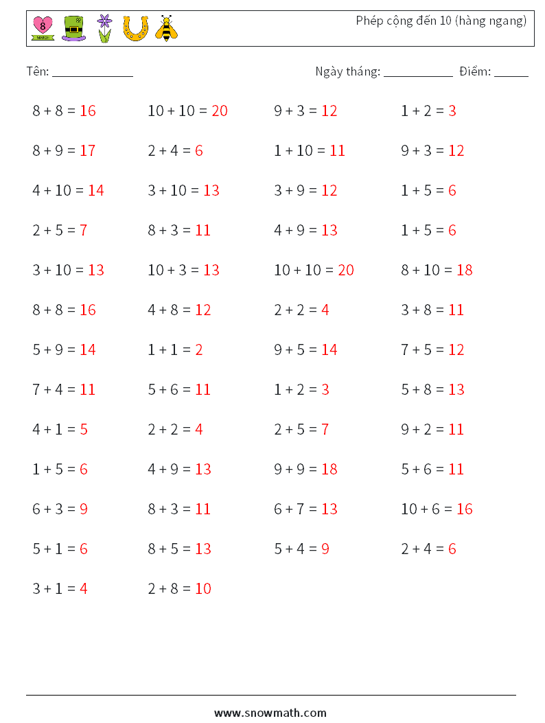 (50) Phép cộng đến 10 (hàng ngang) Bảng tính toán học 2 Câu hỏi, câu trả lời
