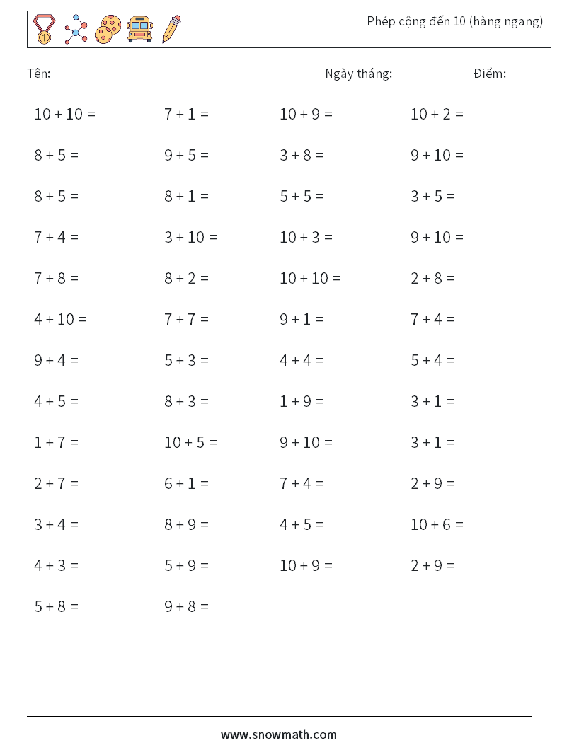 (50) Phép cộng đến 10 (hàng ngang) Bảng tính toán học 3