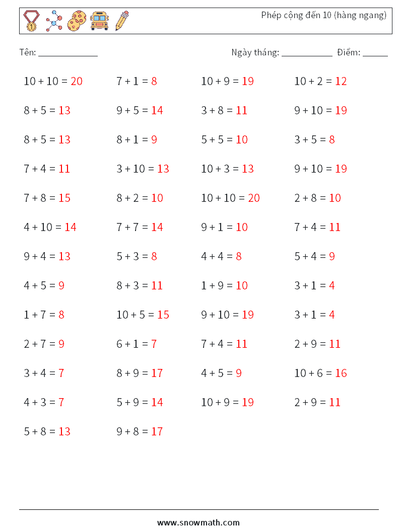 (50) Phép cộng đến 10 (hàng ngang) Bảng tính toán học 3 Câu hỏi, câu trả lời