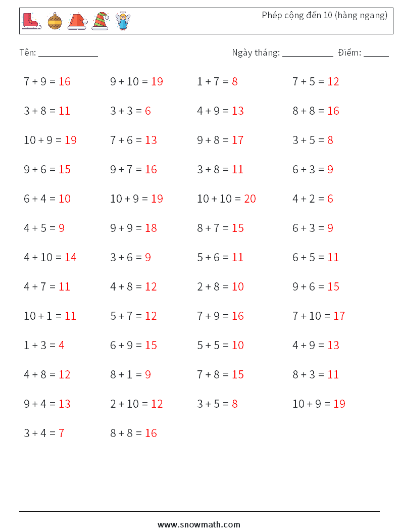 (50) Phép cộng đến 10 (hàng ngang) Bảng tính toán học 4 Câu hỏi, câu trả lời
