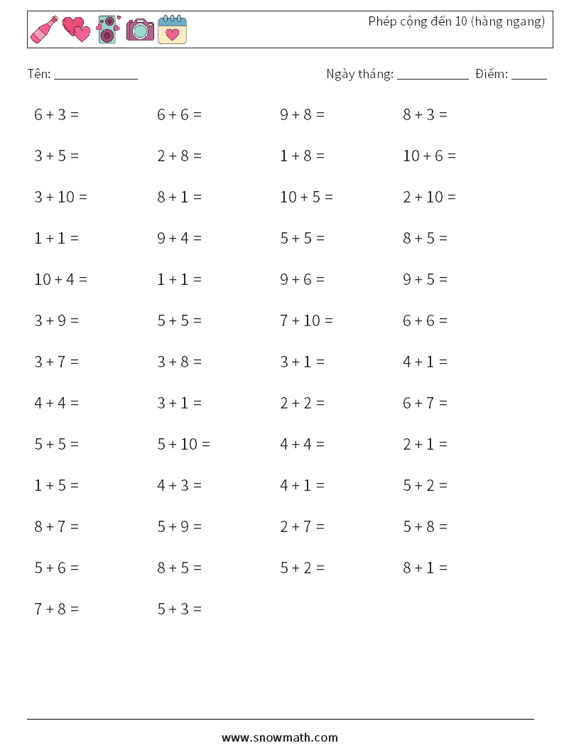 (50) Phép cộng đến 10 (hàng ngang) Bảng tính toán học 5