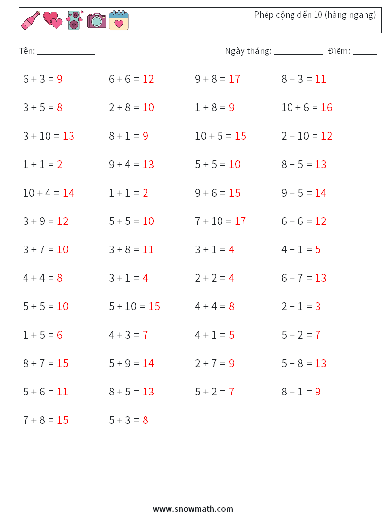 (50) Phép cộng đến 10 (hàng ngang) Bảng tính toán học 5 Câu hỏi, câu trả lời