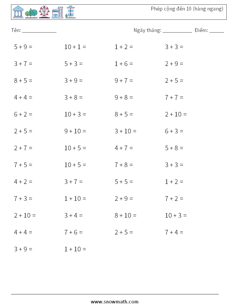 (50) Phép cộng đến 10 (hàng ngang) Bảng tính toán học 6