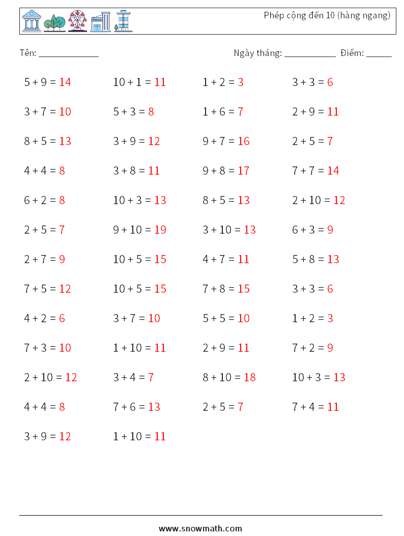 (50) Phép cộng đến 10 (hàng ngang) Bảng tính toán học 6 Câu hỏi, câu trả lời