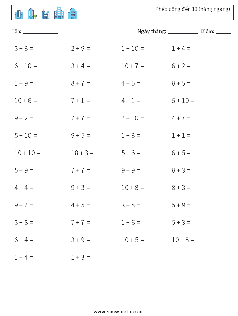 (50) Phép cộng đến 10 (hàng ngang) Bảng tính toán học 7