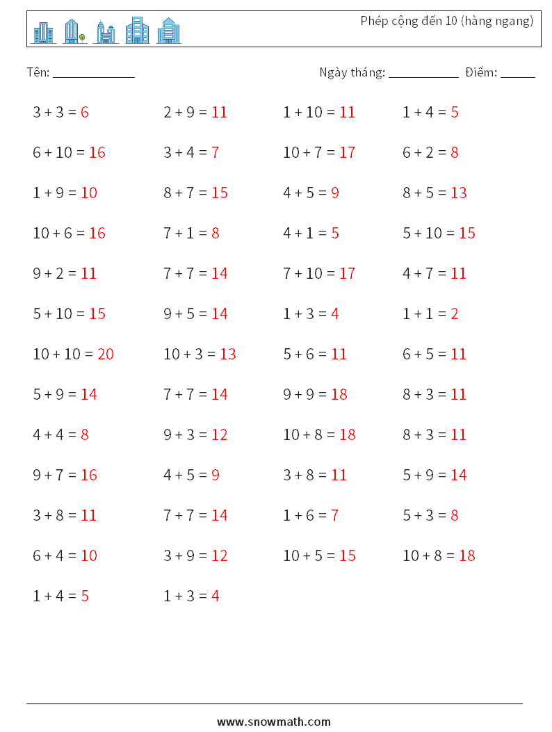 (50) Phép cộng đến 10 (hàng ngang) Bảng tính toán học 7 Câu hỏi, câu trả lời