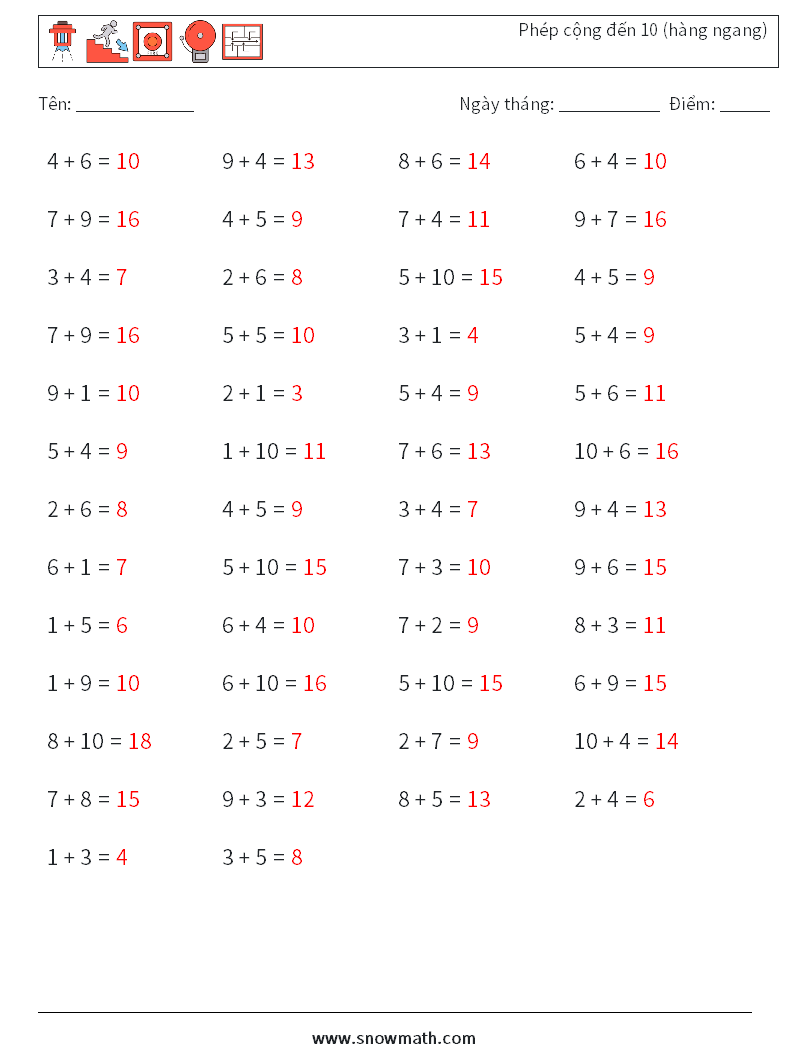 (50) Phép cộng đến 10 (hàng ngang) Bảng tính toán học 8 Câu hỏi, câu trả lời