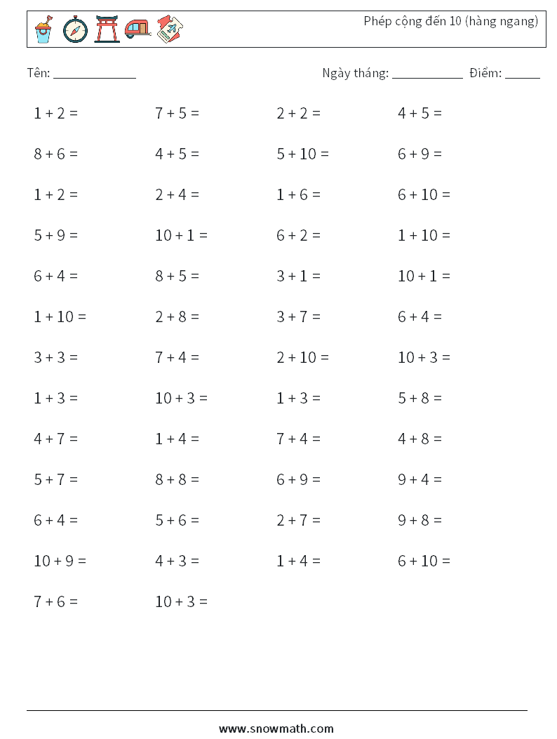 (50) Phép cộng đến 10 (hàng ngang) Bảng tính toán học 9