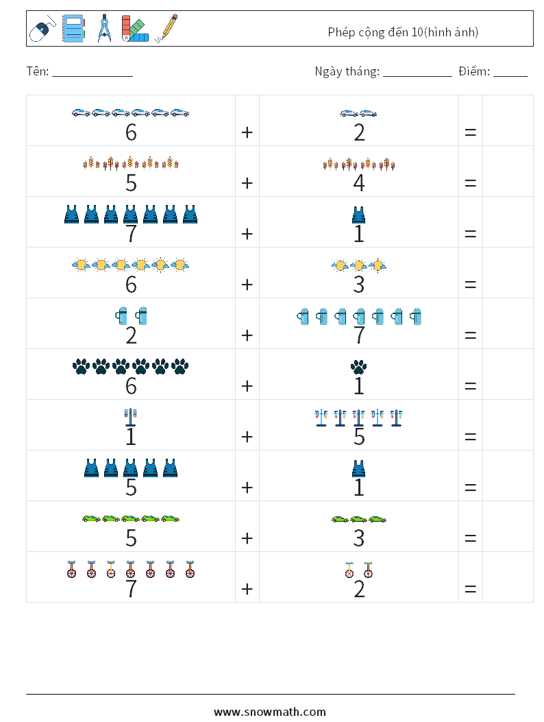 Phép cộng đến 10(hình ảnh) Bảng tính toán học 10