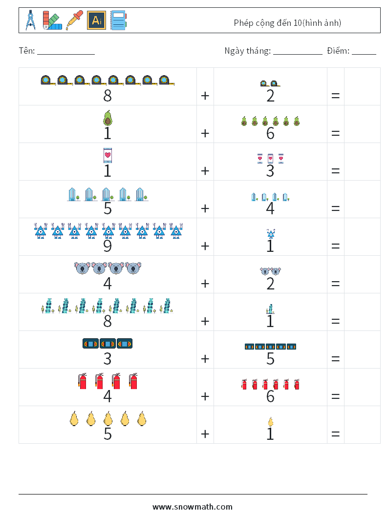 Phép cộng đến 10(hình ảnh) Bảng tính toán học 16