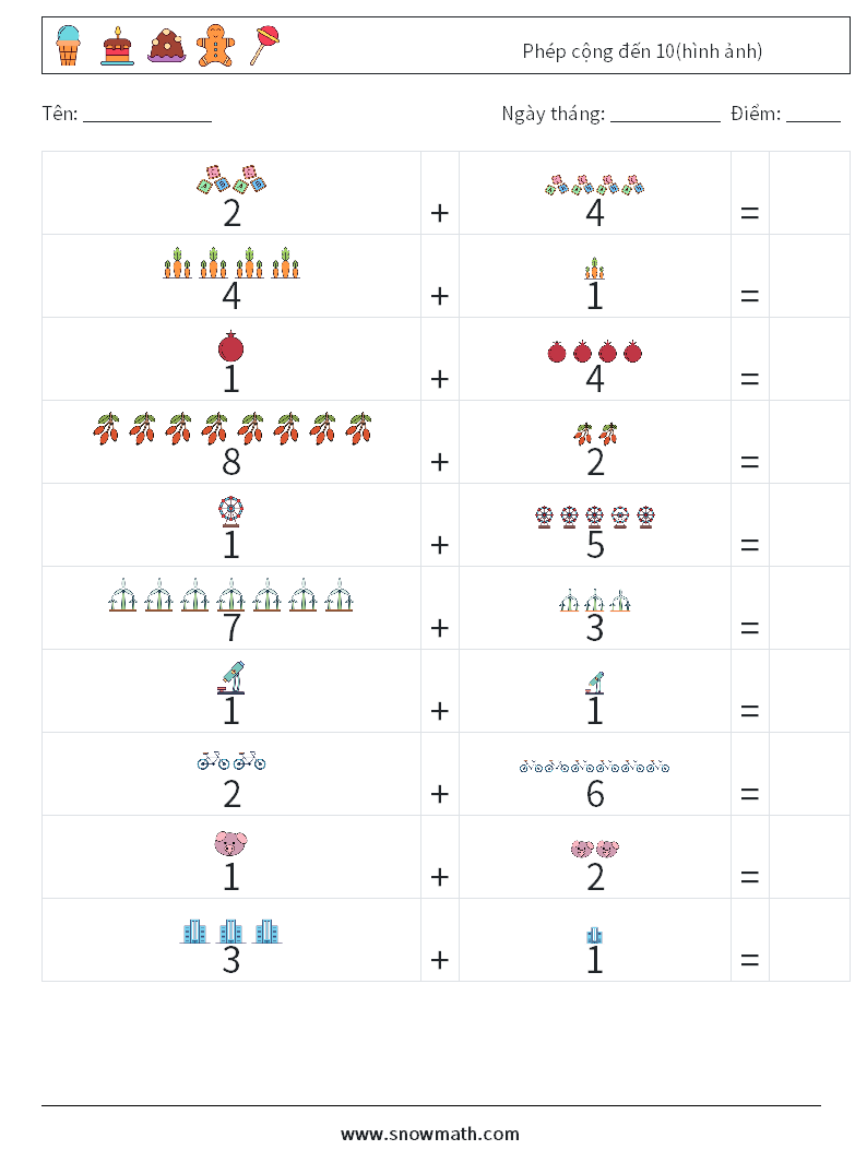 Phép cộng đến 10(hình ảnh) Bảng tính toán học 2