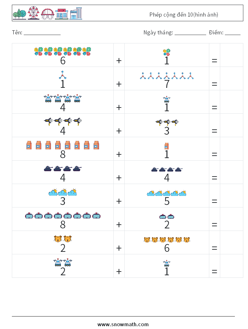 Phép cộng đến 10(hình ảnh) Bảng tính toán học 3