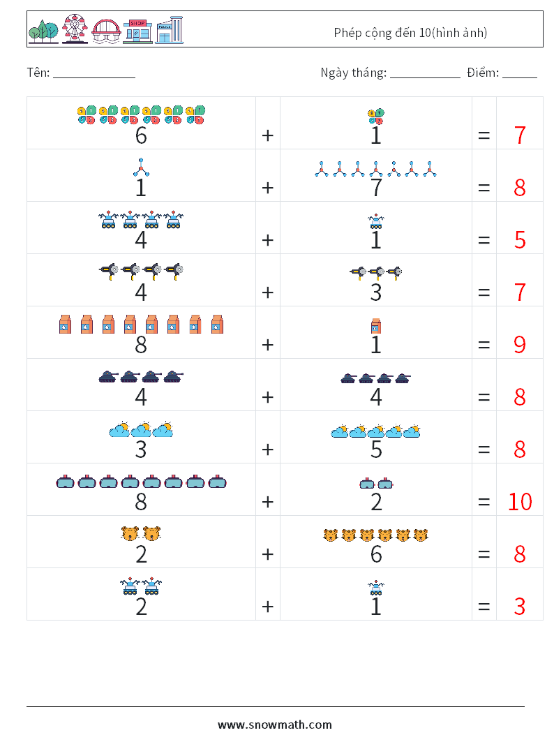 Phép cộng đến 10(hình ảnh) Bảng tính toán học 3 Câu hỏi, câu trả lời