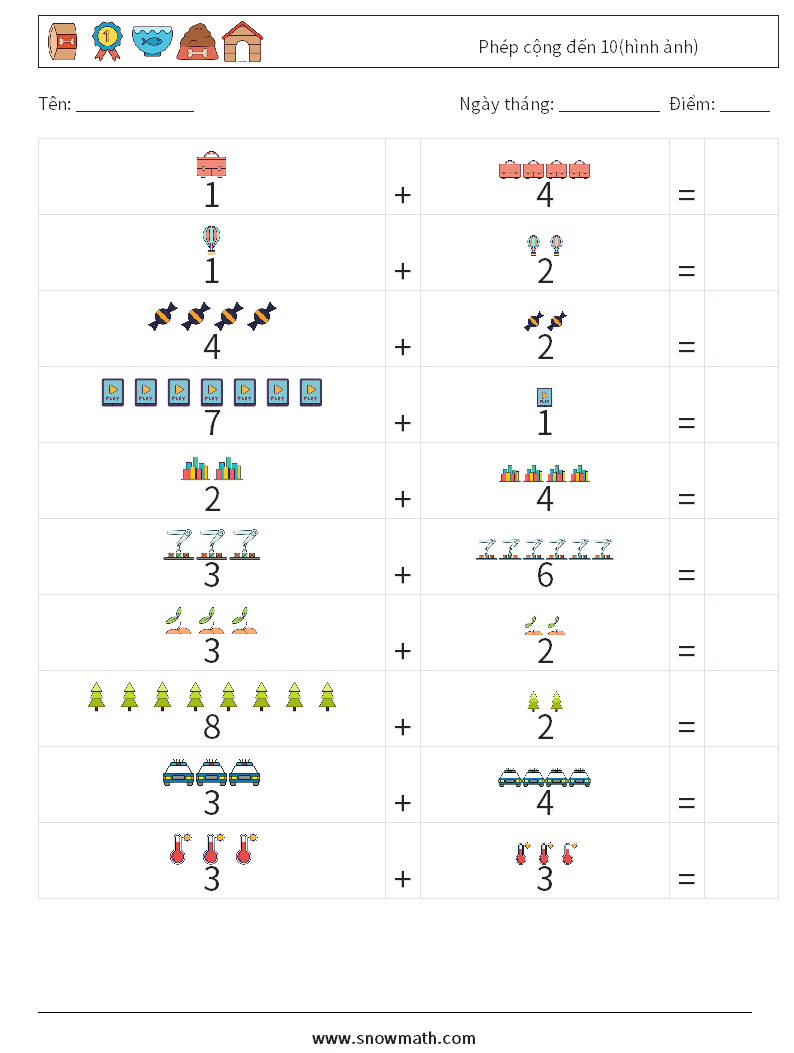 Phép cộng đến 10(hình ảnh) Bảng tính toán học 4