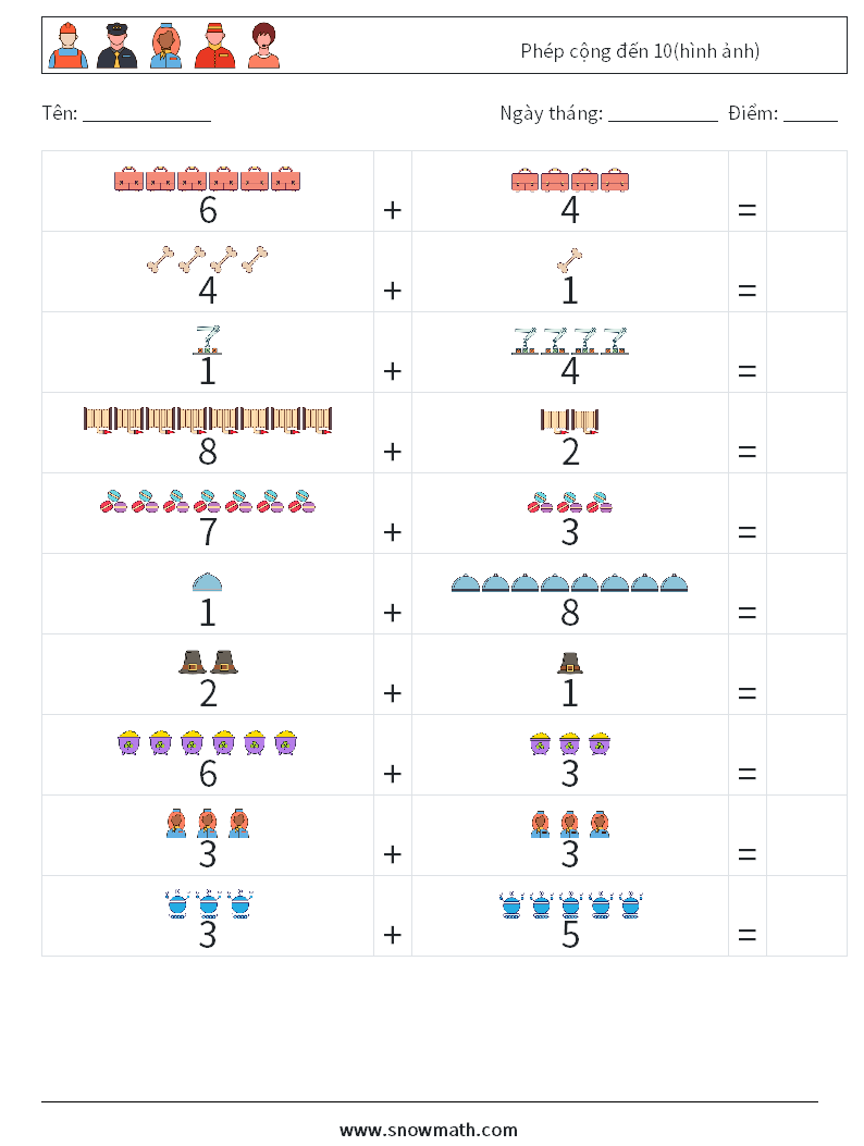 Phép cộng đến 10(hình ảnh) Bảng tính toán học 5