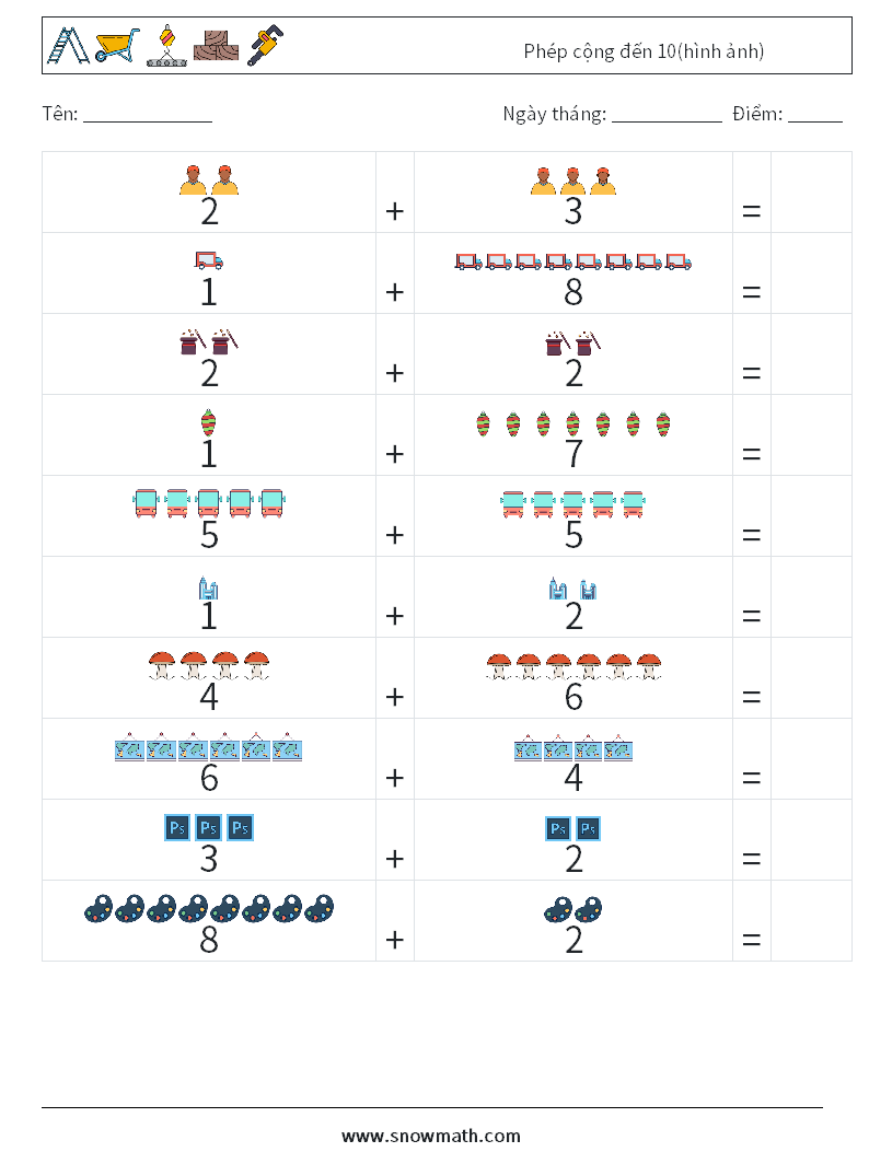 Phép cộng đến 10(hình ảnh) Bảng tính toán học 6