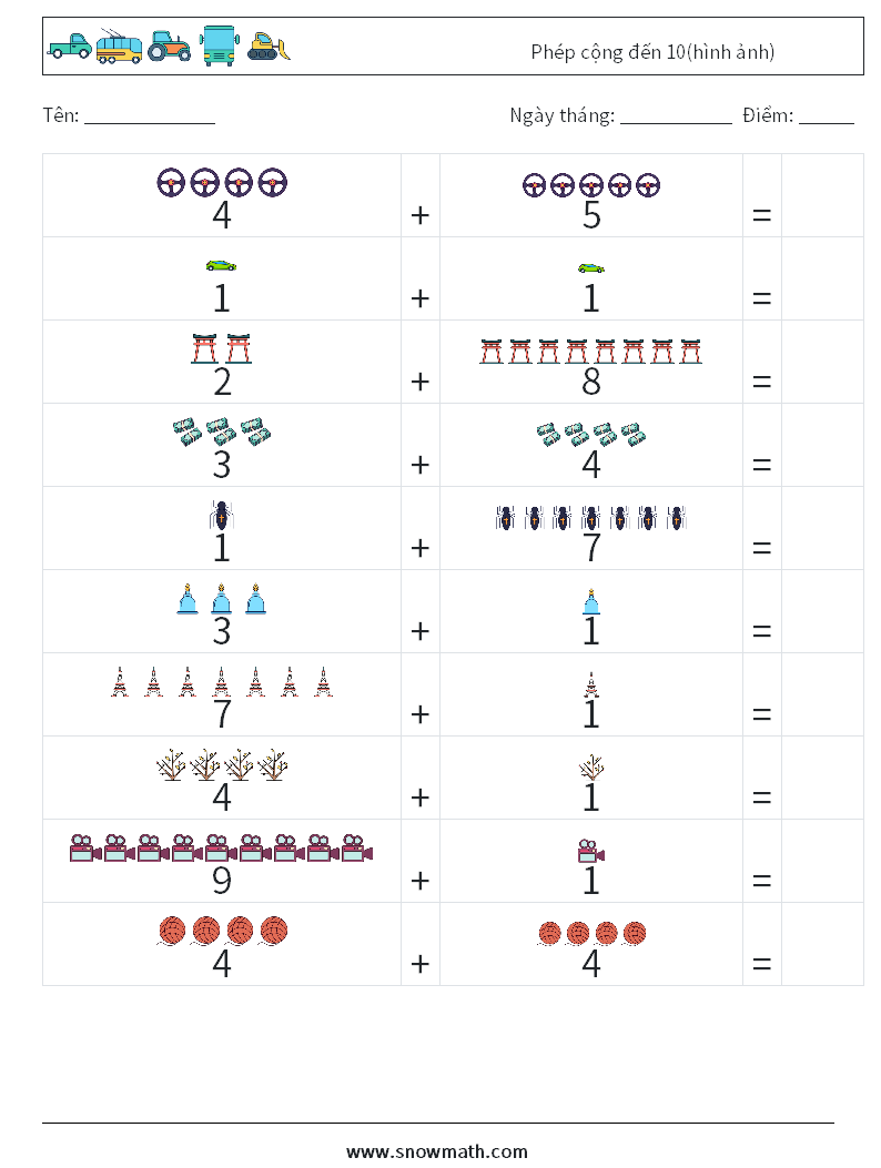 Phép cộng đến 10(hình ảnh) Bảng tính toán học 8