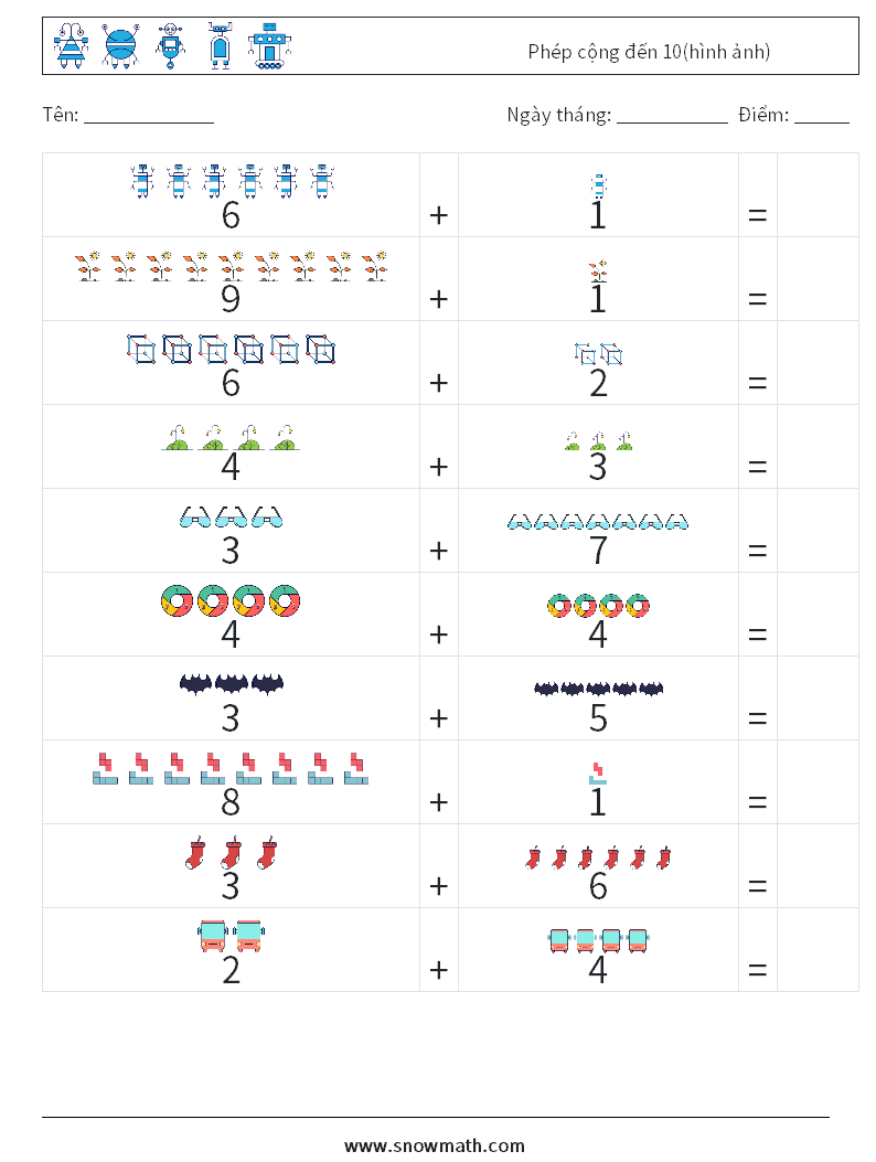 Phép cộng đến 10(hình ảnh) Bảng tính toán học 9