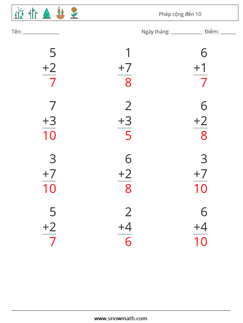 (12) Phép cộng đến 10 Bảng tính toán học 1 Câu hỏi, câu trả lời