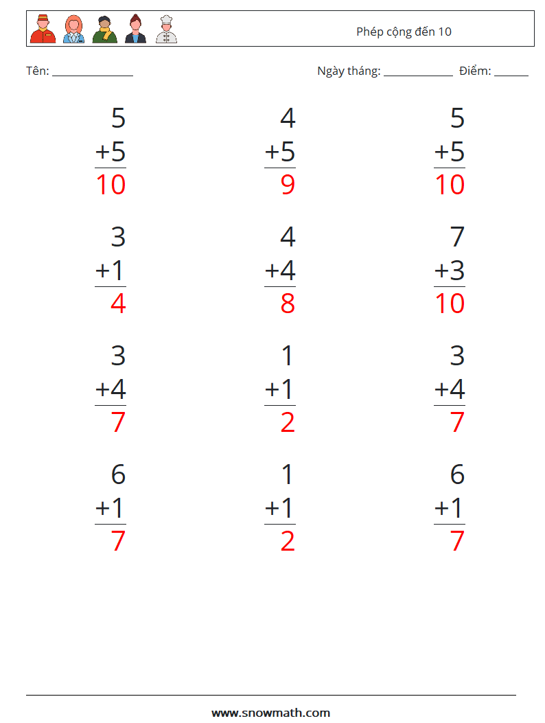 (12) Phép cộng đến 10 Bảng tính toán học 2 Câu hỏi, câu trả lời