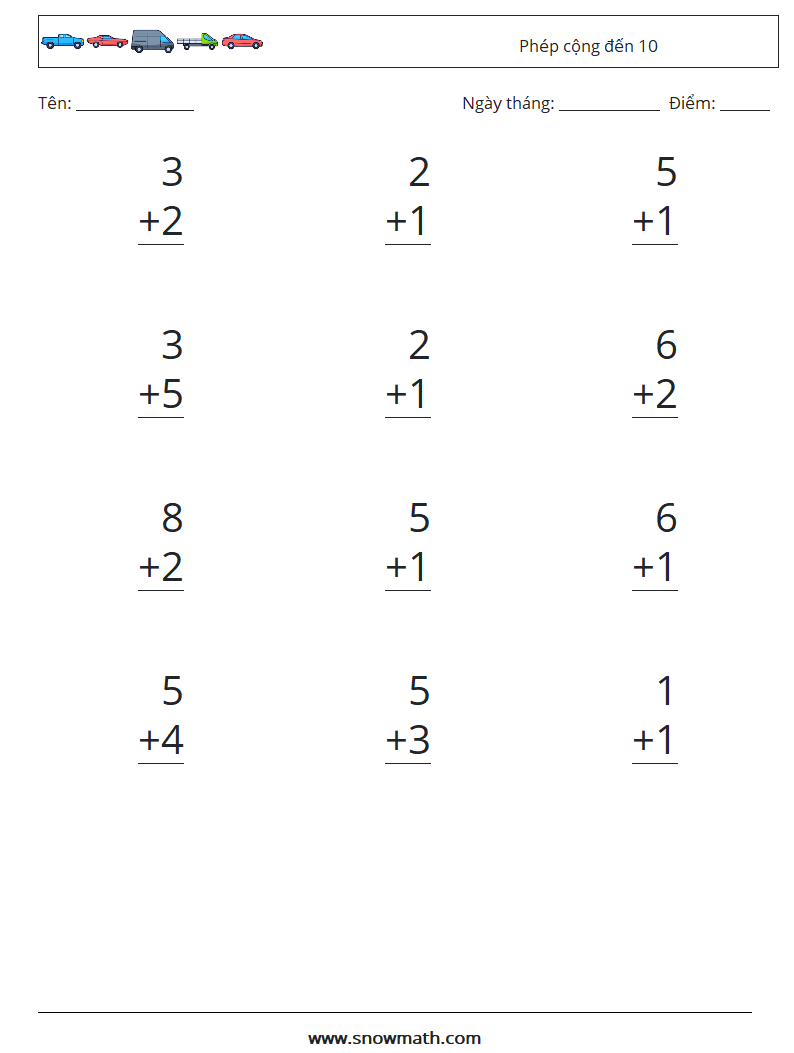 (12) Phép cộng đến 10 Bảng tính toán học 3