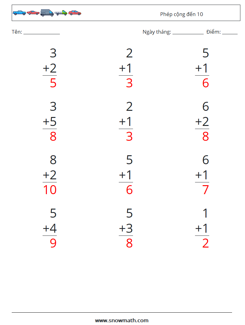 (12) Phép cộng đến 10 Bảng tính toán học 3 Câu hỏi, câu trả lời