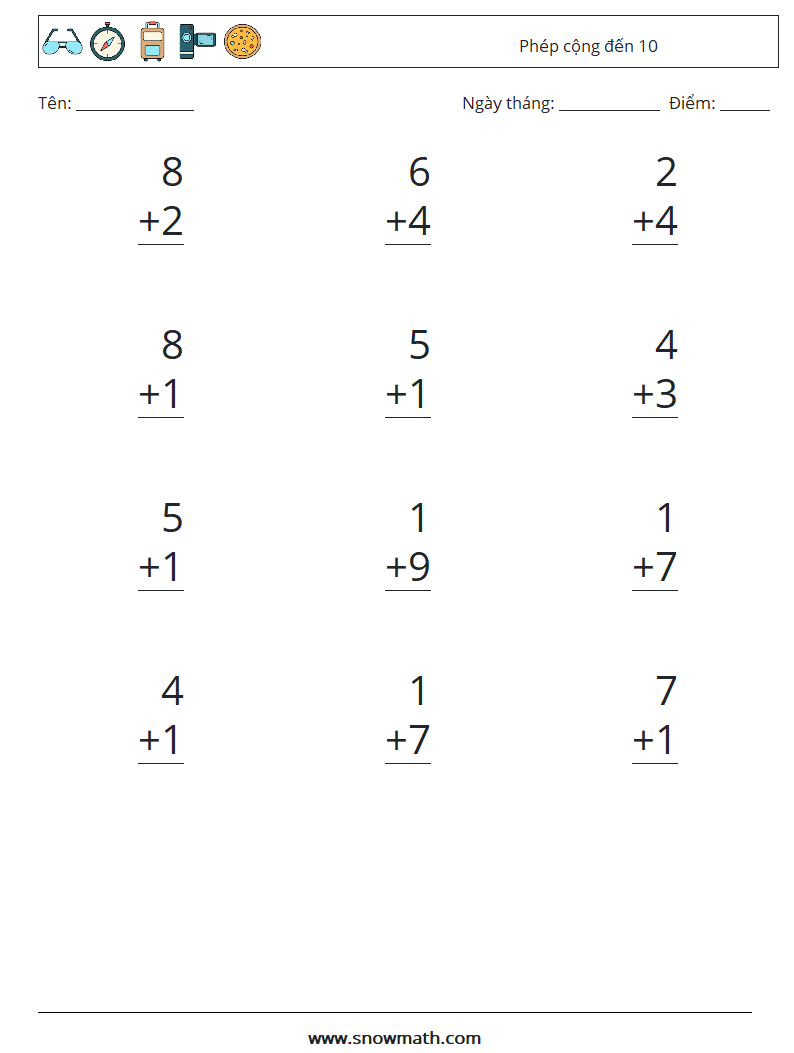 (12) Phép cộng đến 10 Bảng tính toán học 4