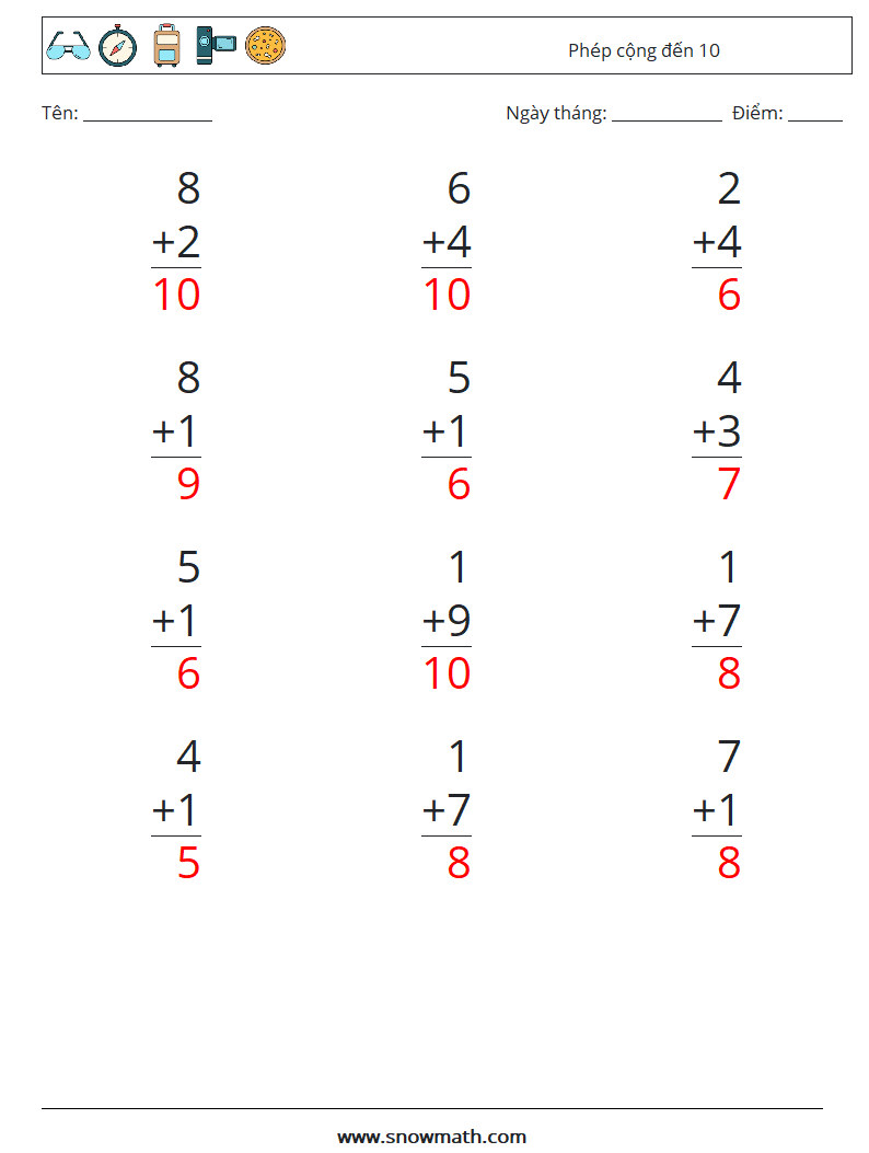 (12) Phép cộng đến 10 Bảng tính toán học 4 Câu hỏi, câu trả lời