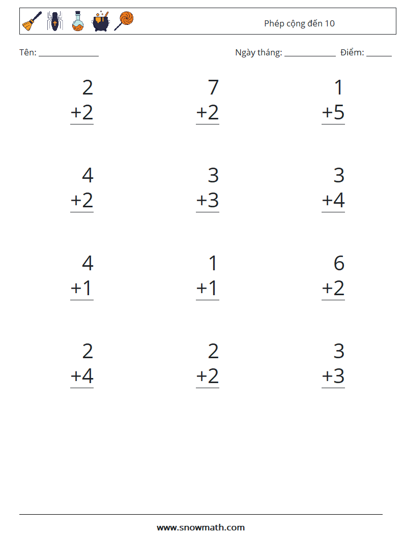 (12) Phép cộng đến 10 Bảng tính toán học 6