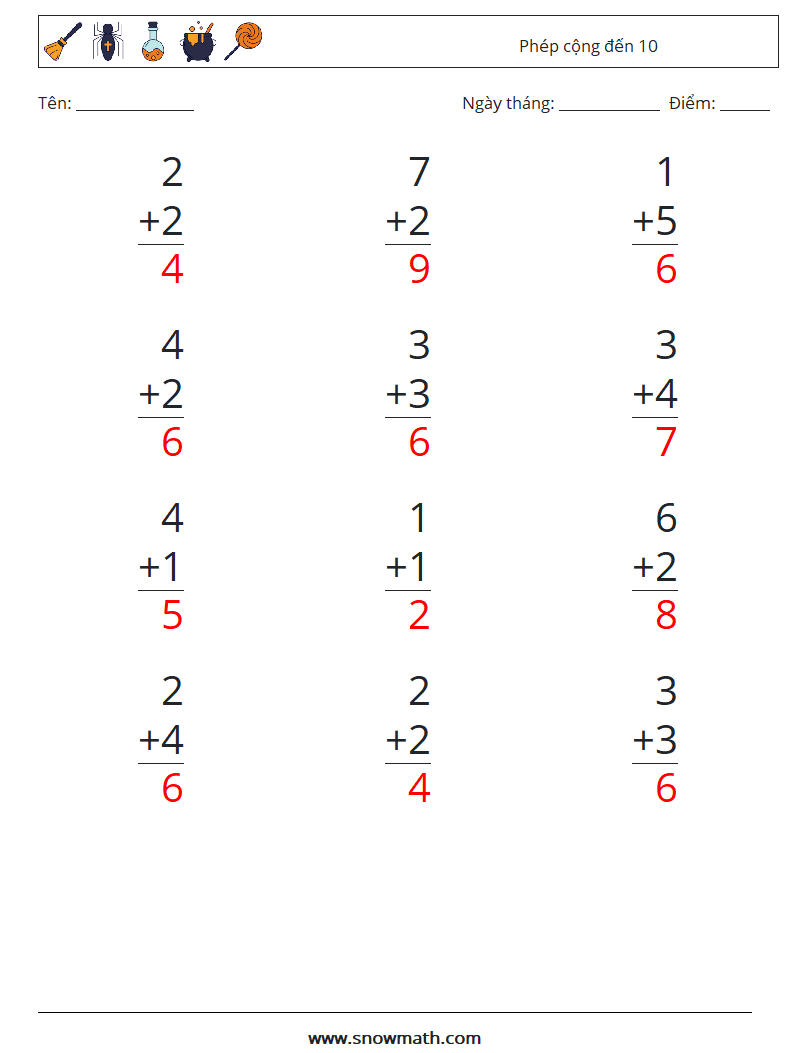 (12) Phép cộng đến 10 Bảng tính toán học 6 Câu hỏi, câu trả lời