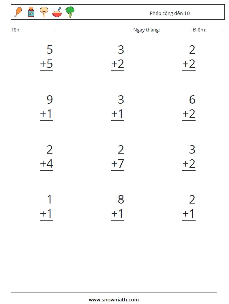 (12) Phép cộng đến 10 Bảng tính toán học 7