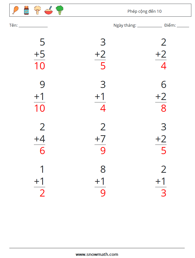 (12) Phép cộng đến 10 Bảng tính toán học 7 Câu hỏi, câu trả lời
