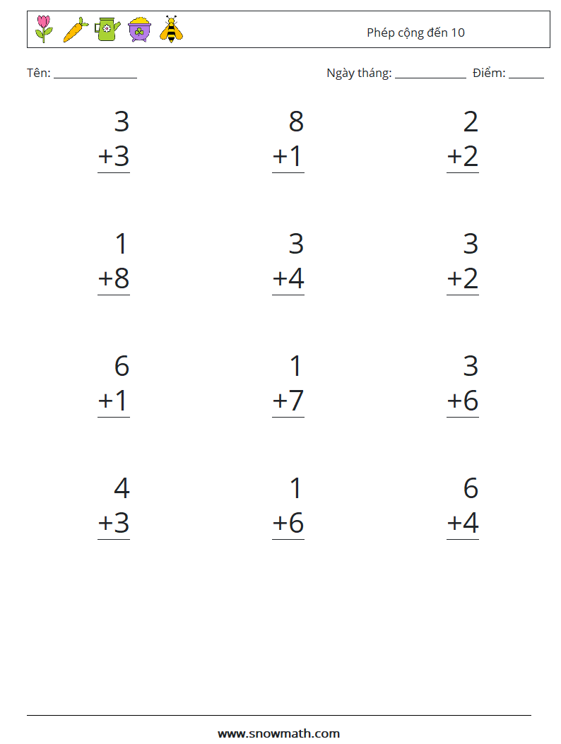 (12) Phép cộng đến 10 Bảng tính toán học 8