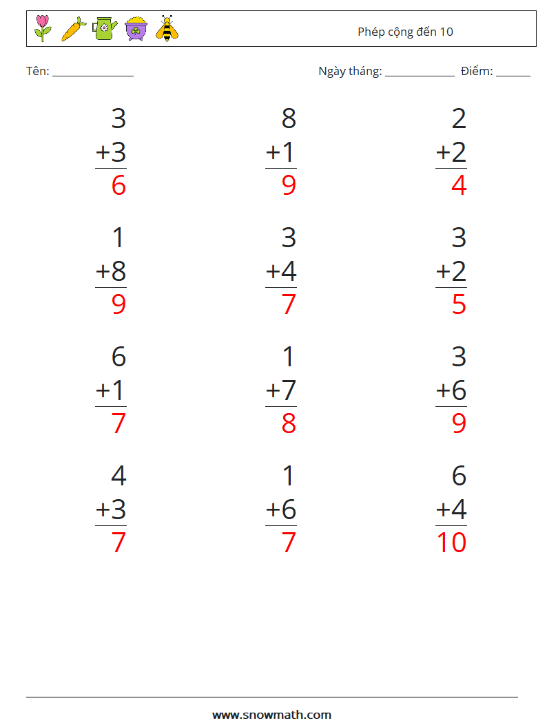 (12) Phép cộng đến 10 Bảng tính toán học 8 Câu hỏi, câu trả lời