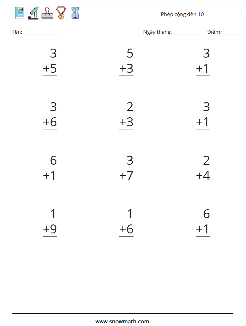 (12) Phép cộng đến 10 Bảng tính toán học 9
