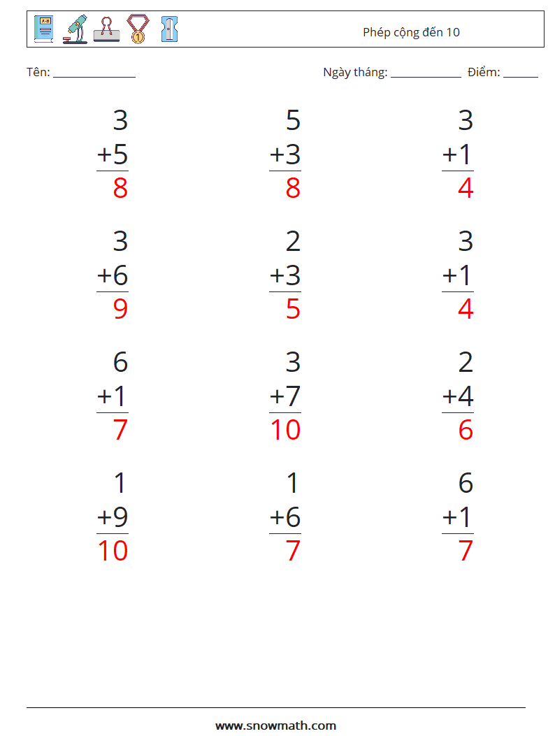 (12) Phép cộng đến 10 Bảng tính toán học 9 Câu hỏi, câu trả lời