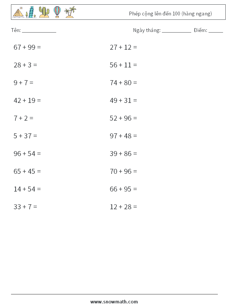 (20) Phép cộng lên đến 100 (hàng ngang)