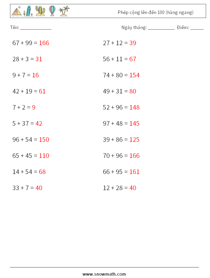 (20) Phép cộng lên đến 100 (hàng ngang) Bảng tính toán học 1 Câu hỏi, câu trả lời