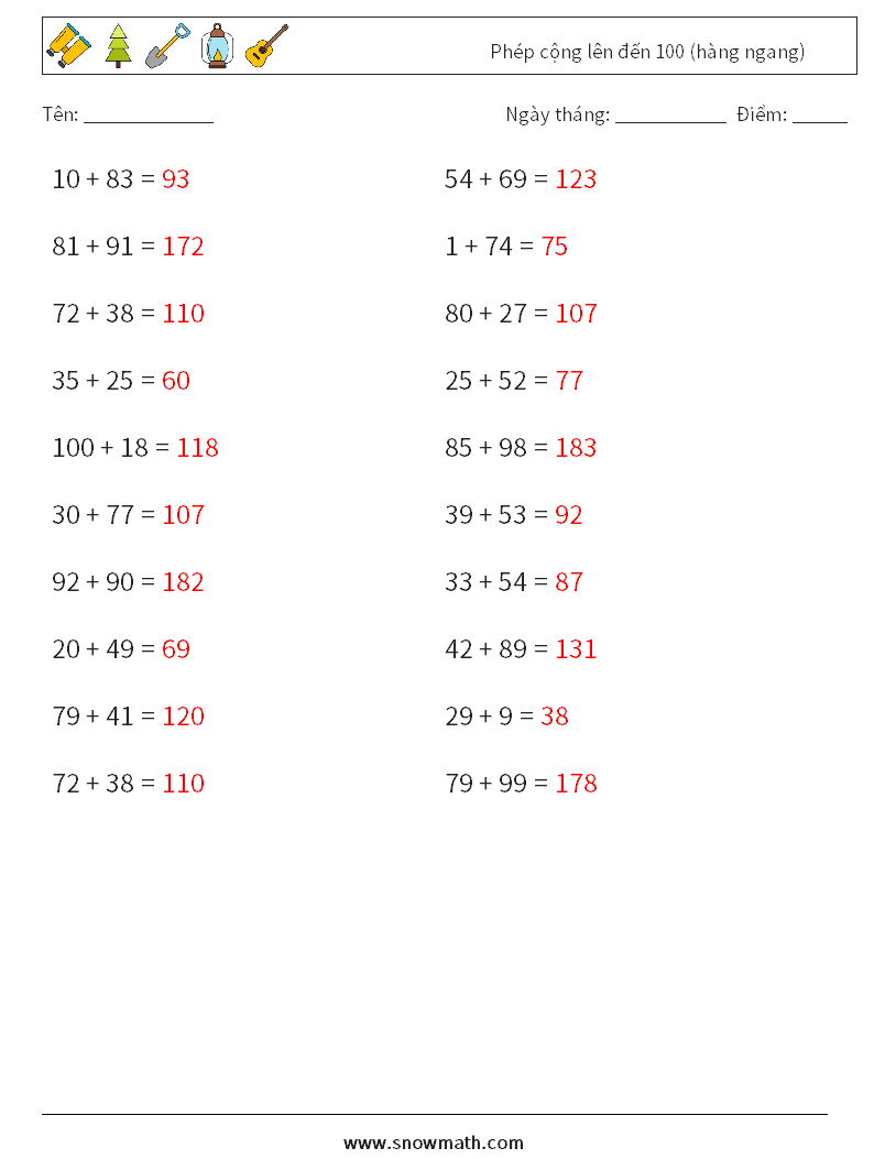 (20) Phép cộng lên đến 100 (hàng ngang) Bảng tính toán học 2 Câu hỏi, câu trả lời