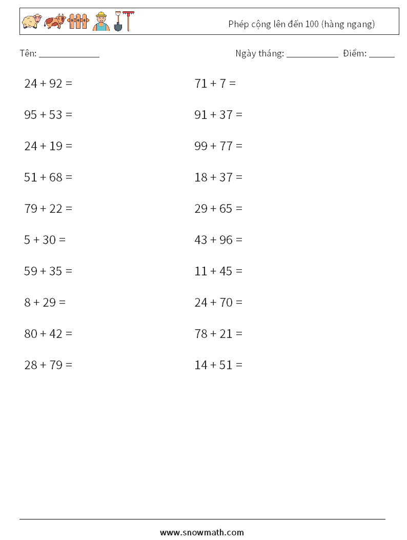 (20) Phép cộng lên đến 100 (hàng ngang) Bảng tính toán học 3