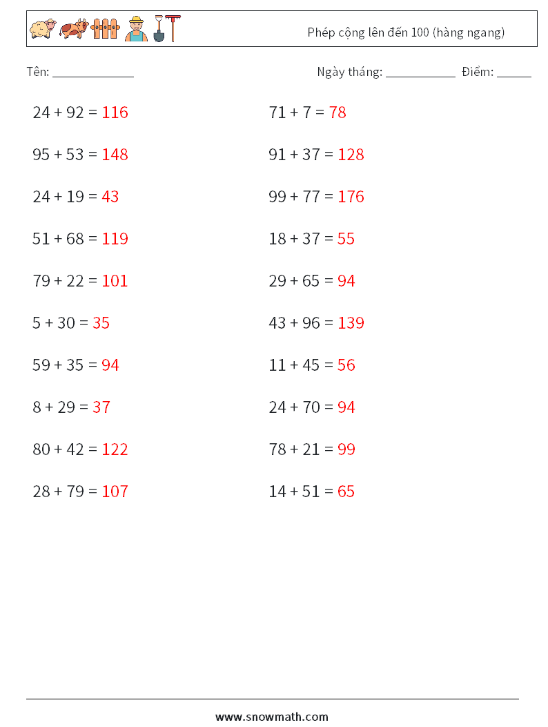 (20) Phép cộng lên đến 100 (hàng ngang) Bảng tính toán học 3 Câu hỏi, câu trả lời