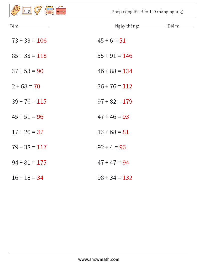 (20) Phép cộng lên đến 100 (hàng ngang) Bảng tính toán học 4 Câu hỏi, câu trả lời