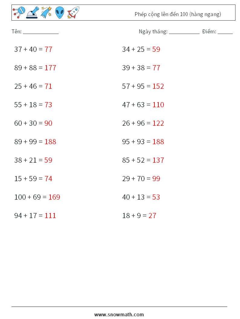 (20) Phép cộng lên đến 100 (hàng ngang) Bảng tính toán học 5 Câu hỏi, câu trả lời