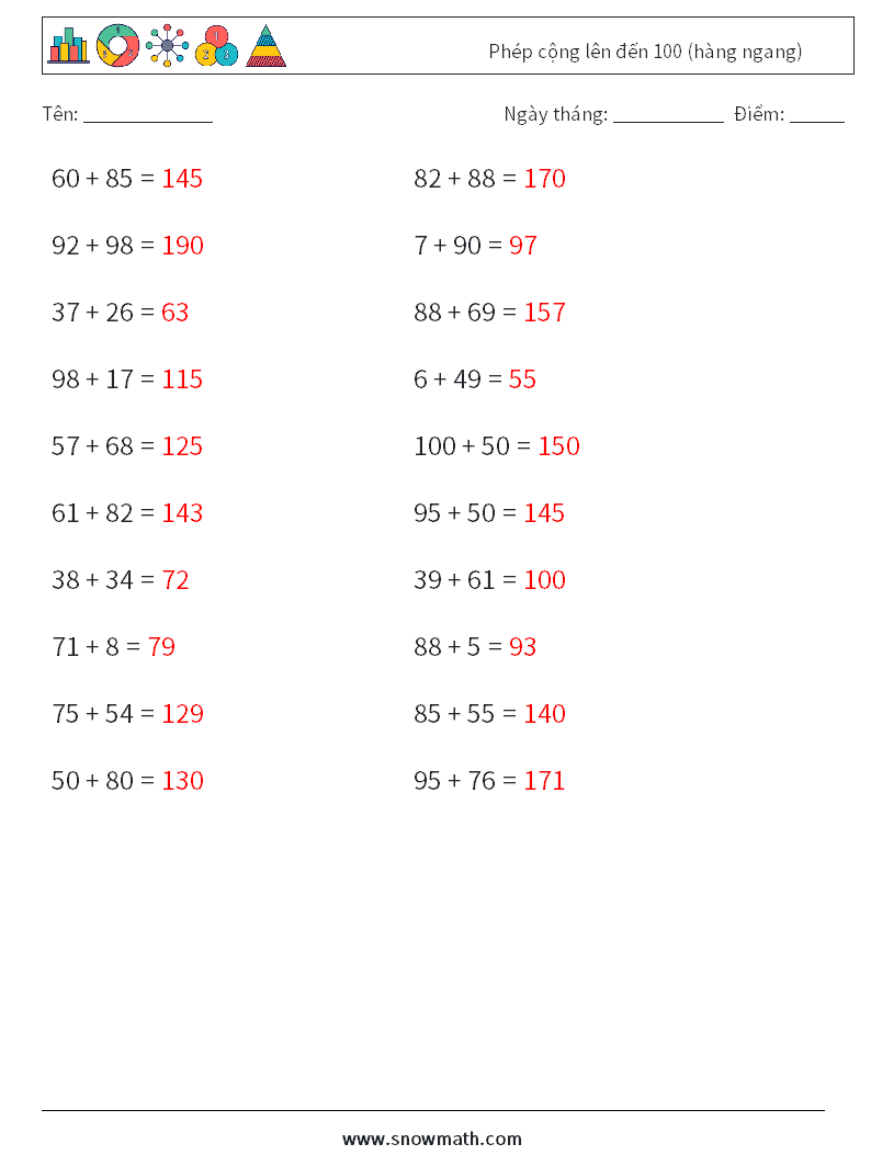 (20) Phép cộng lên đến 100 (hàng ngang) Bảng tính toán học 6 Câu hỏi, câu trả lời