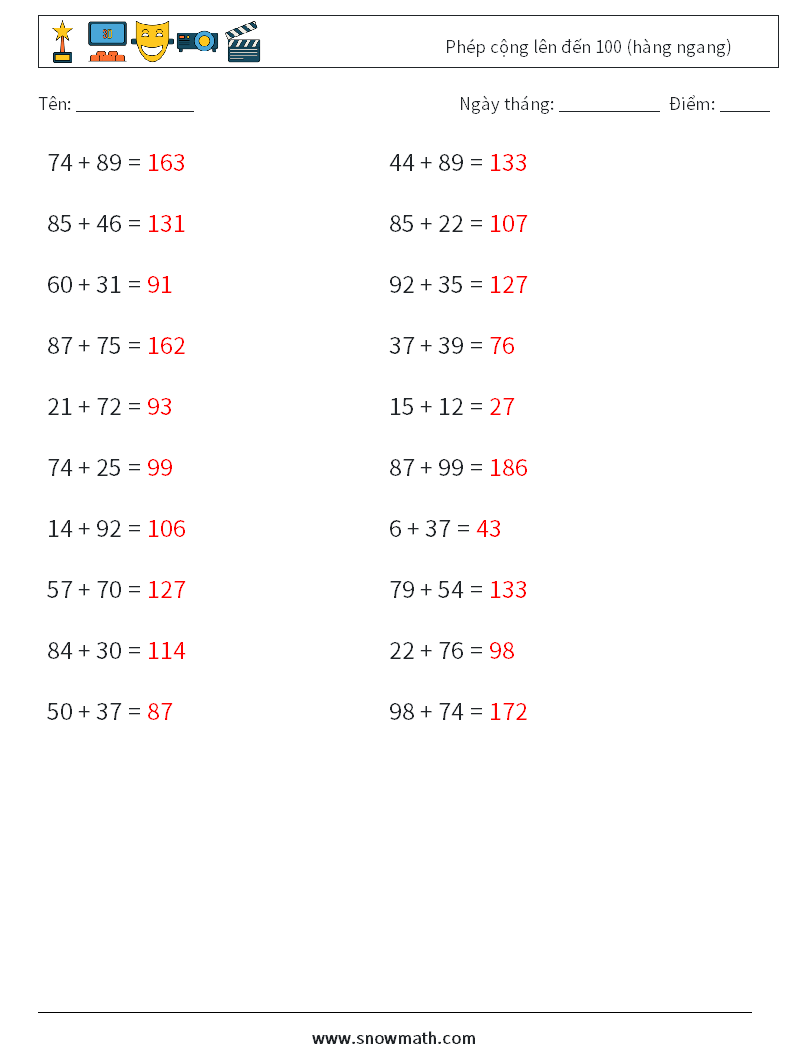 (20) Phép cộng lên đến 100 (hàng ngang) Bảng tính toán học 7 Câu hỏi, câu trả lời