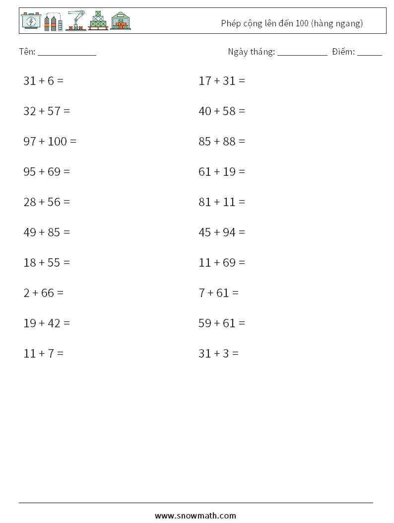 (20) Phép cộng lên đến 100 (hàng ngang) Bảng tính toán học 8