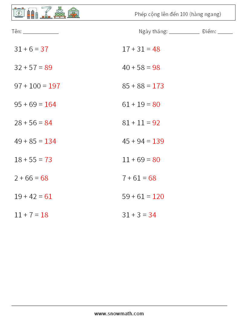 (20) Phép cộng lên đến 100 (hàng ngang) Bảng tính toán học 8 Câu hỏi, câu trả lời