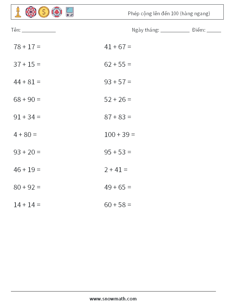 (20) Phép cộng lên đến 100 (hàng ngang) Bảng tính toán học 9