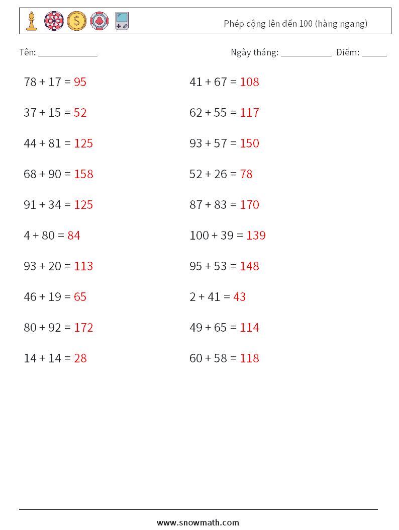 (20) Phép cộng lên đến 100 (hàng ngang) Bảng tính toán học 9 Câu hỏi, câu trả lời